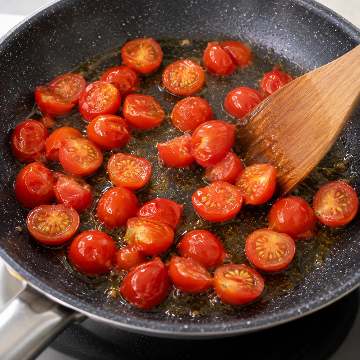 Tomates cerises coupées revenant dans l’huile, sans gnocchis.