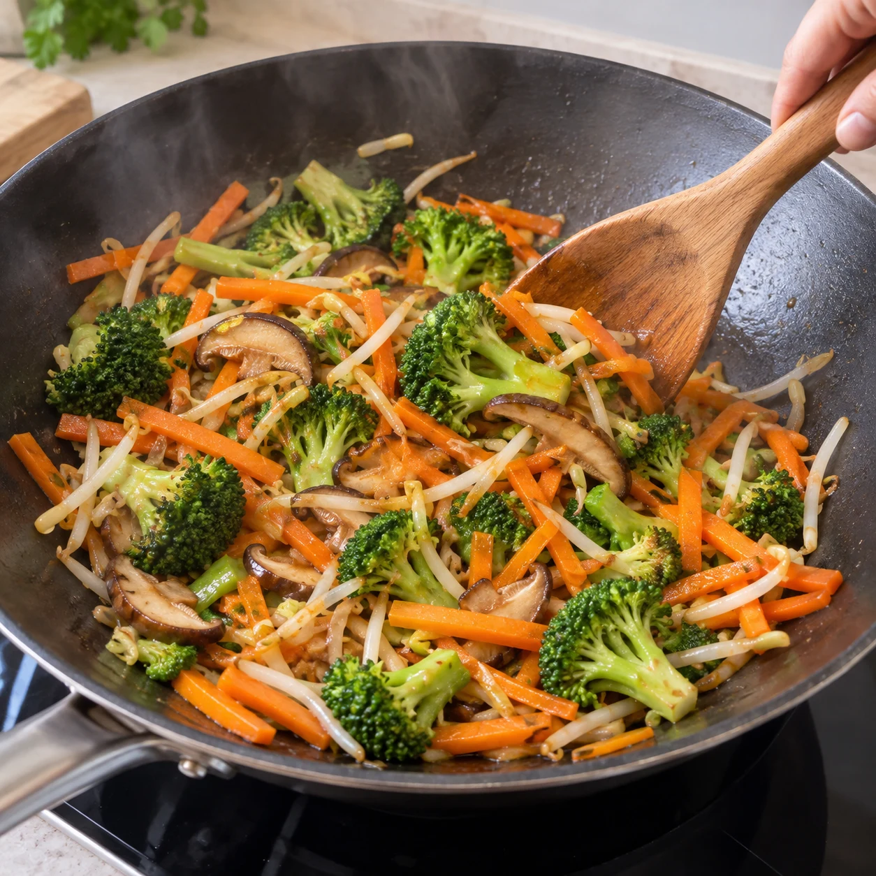 Cuisson d’un mélange de légumes dans un seul wok à la spatule.