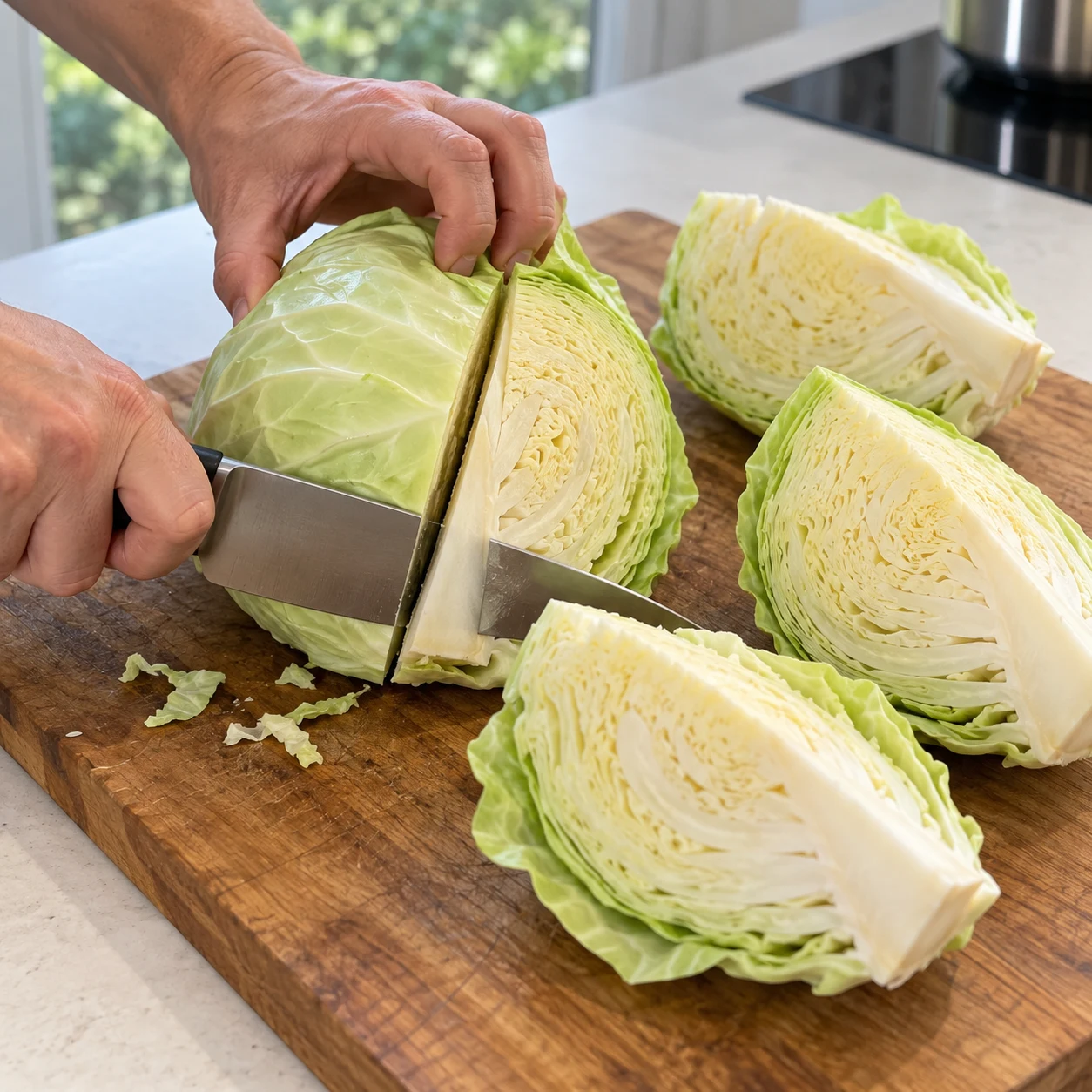 Photo culinaire carrée de l’action : Couper le chou. Chaque quartier conserve ses feuilles attachées à la base. Seulement Chou blanc. Mains adultes anonymes seulement si le geste le nécessite, aucun texte, visage, bijou ou viande.