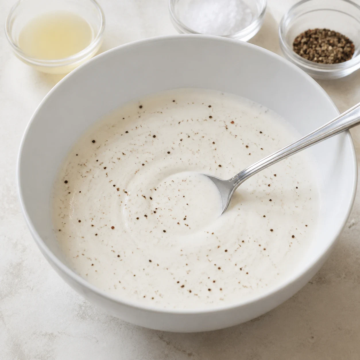 Saladier blanc contenant du yaourt de soja lisse avec un filet de jus de citron, une pincée de sel et des grains de 5 baies moulues en surface, cuillère posée dans le bol, aucun texte, aucune marque.