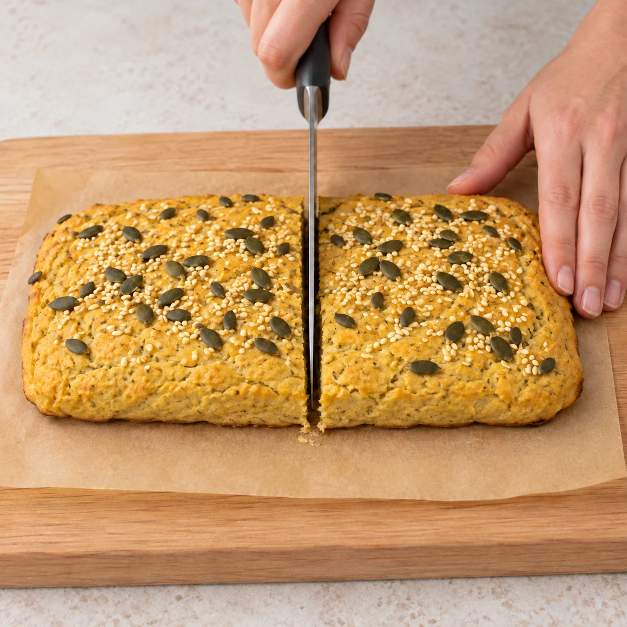 Couper le pain en deux rectangles pour former les deux sandwiches montrés dans la recette d’origine.