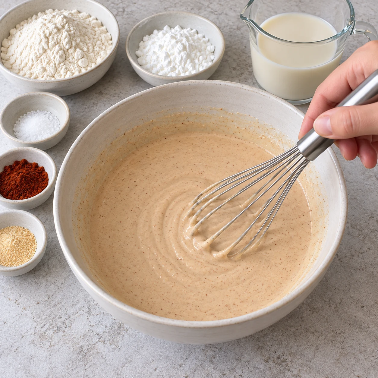 Fouet dans une pâte beige fluide, bol neutre, aucun chou-fleur encore ajouté.
