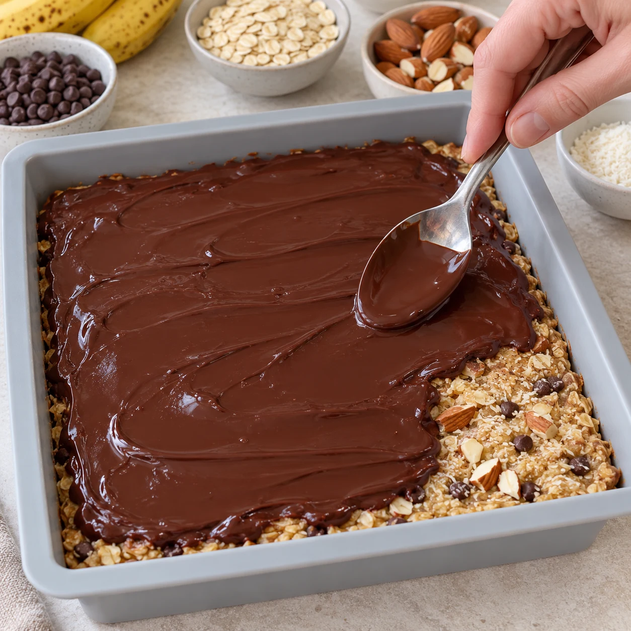 Étale le chocolat fondu sur le dessus de la plaque refroidie à l’aide d’une cuillère. Une seule photographie carrée, une seule phase.