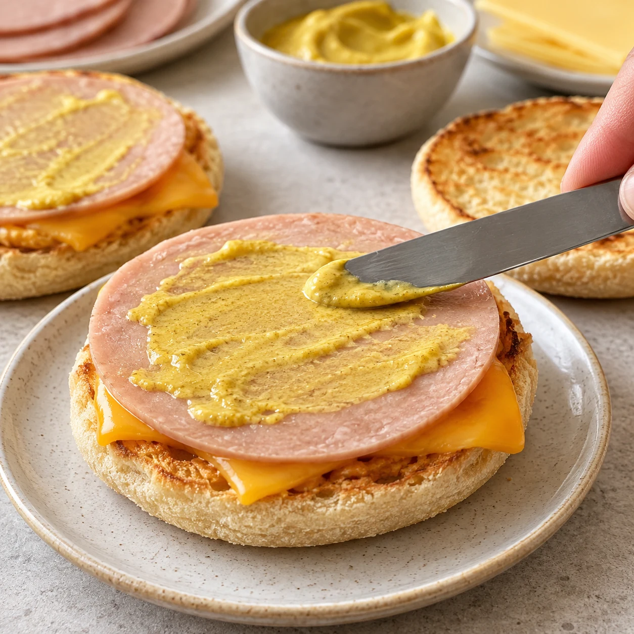 Étaler un peu de moutarde sur chaque couche de jambon végétal, selon le goût.