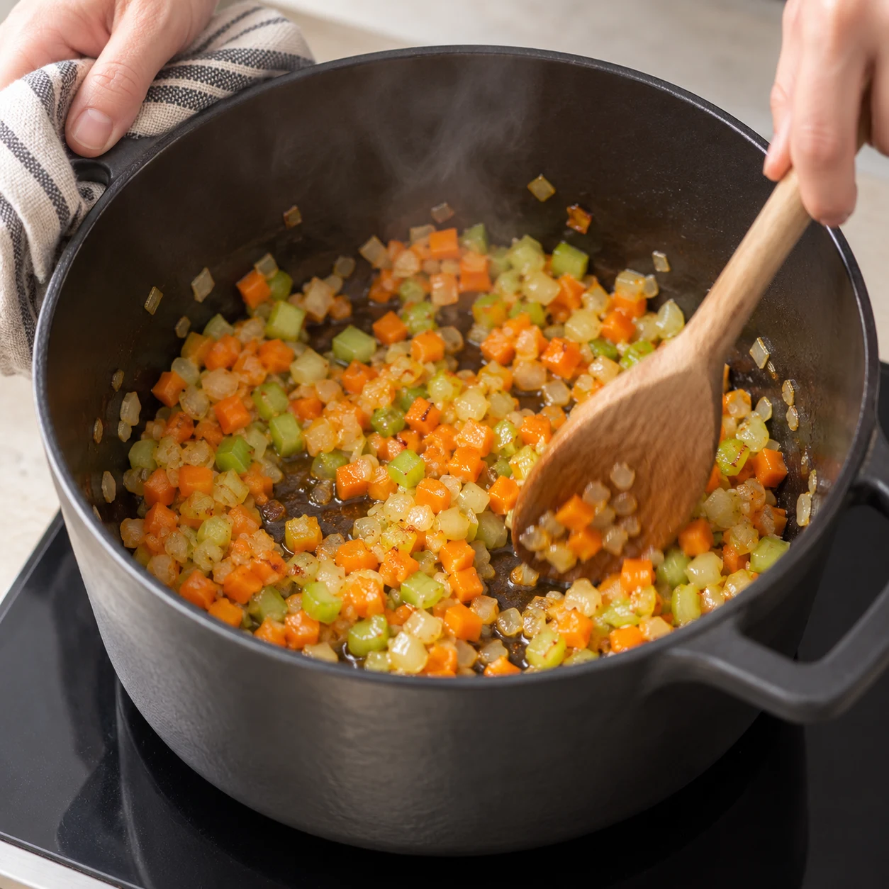 Cuillère en bois remuant les trois légumes en petits dés dans une cocotte.