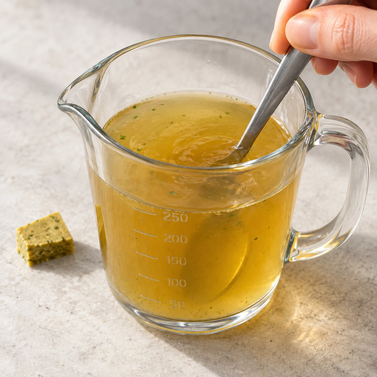 Un demi-cube de bouillon de légumes est dissous dans 250 ml d’eau chaude, dans un petit récipient neutre. Liquide doré de la référence, sans roux ni crème. Geste adapté documenté par la notice fournisseur, pas filmé dans la recette d’origine.