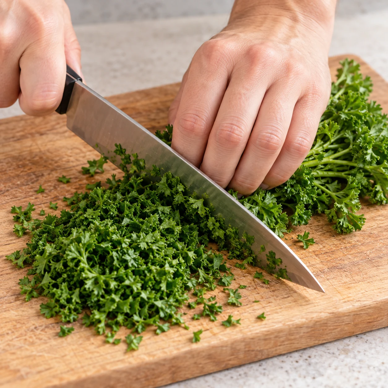 Émincer un bouquet de persil frisé frais ; une planche stable, un couteau et une prise en griffe sûre. Aucune autre herbe ou légume.