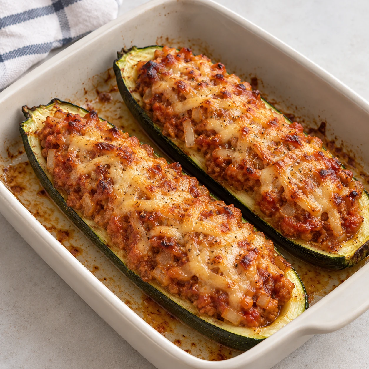Deux courgettes farcies cuites, avec une couverture végétale orange pâle fondue, sans fromage laitier ni accompagnement.