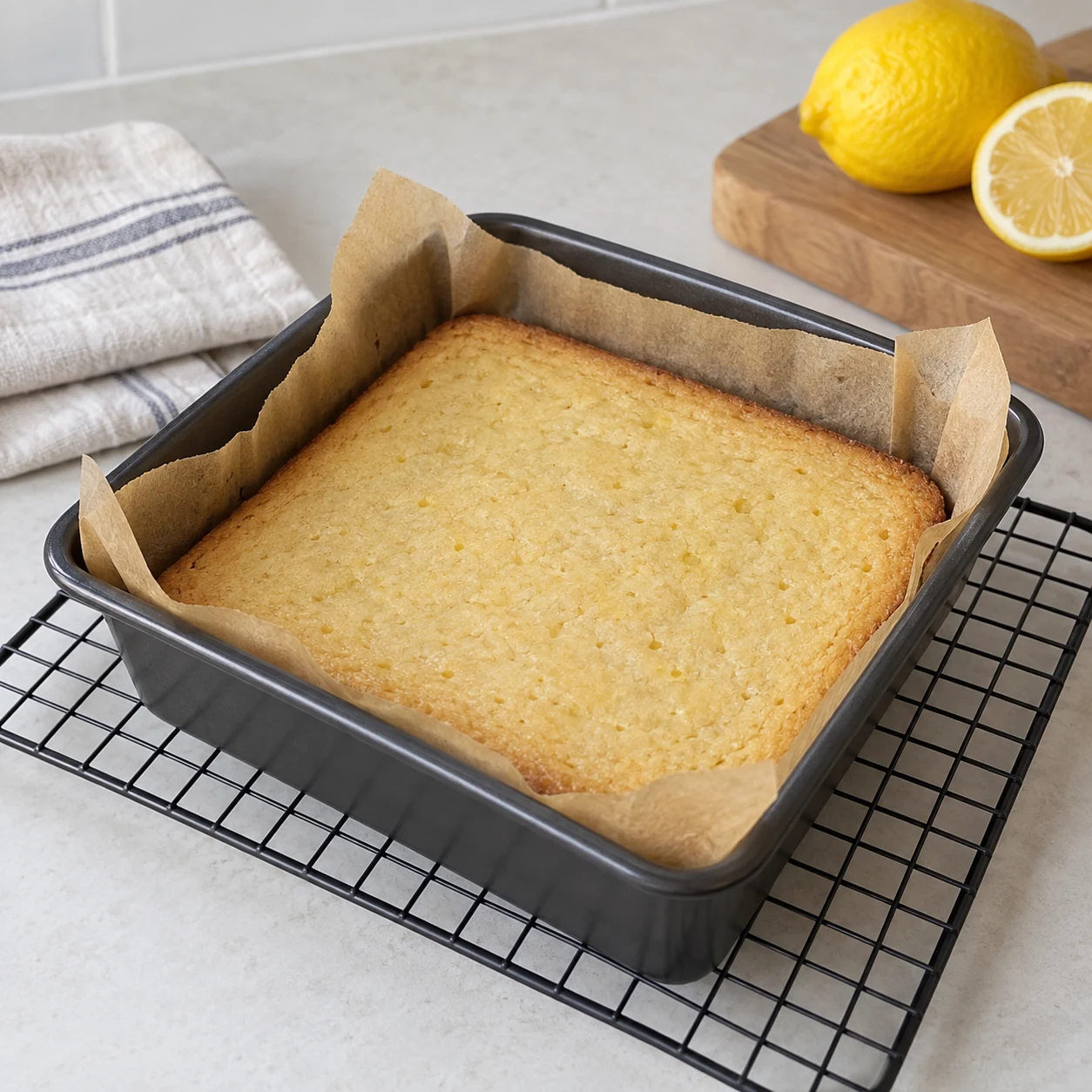 Un brownie citronné cuit sans glaçage refroidit dans son moule carré.