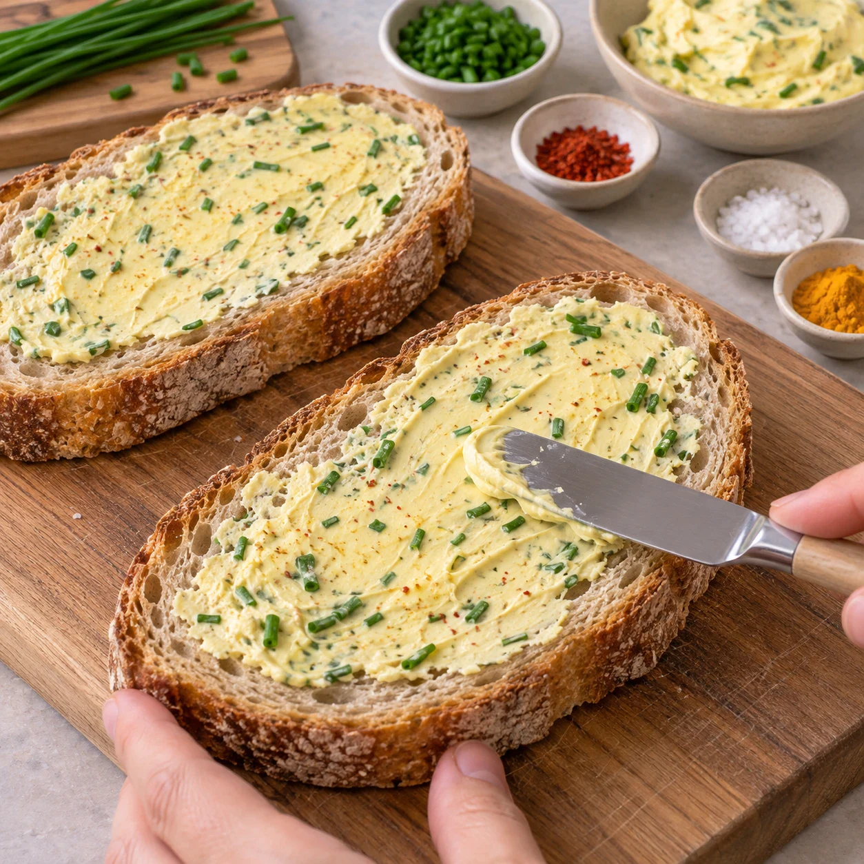 Tranche de pain rustique tartinée de margarine jaune à la ciboulette avec un couteau à bout rond.