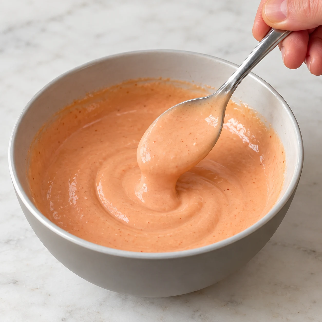 Une cuillère mélange la sauce rose dans un bol neutre ; texture crémeuse fluide exactement comme la source.