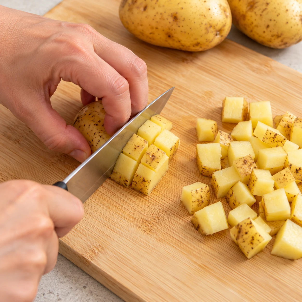 Découpe active d’une pomme de terre avec peau en petits dés, couteau et prise en griffe sûrs.