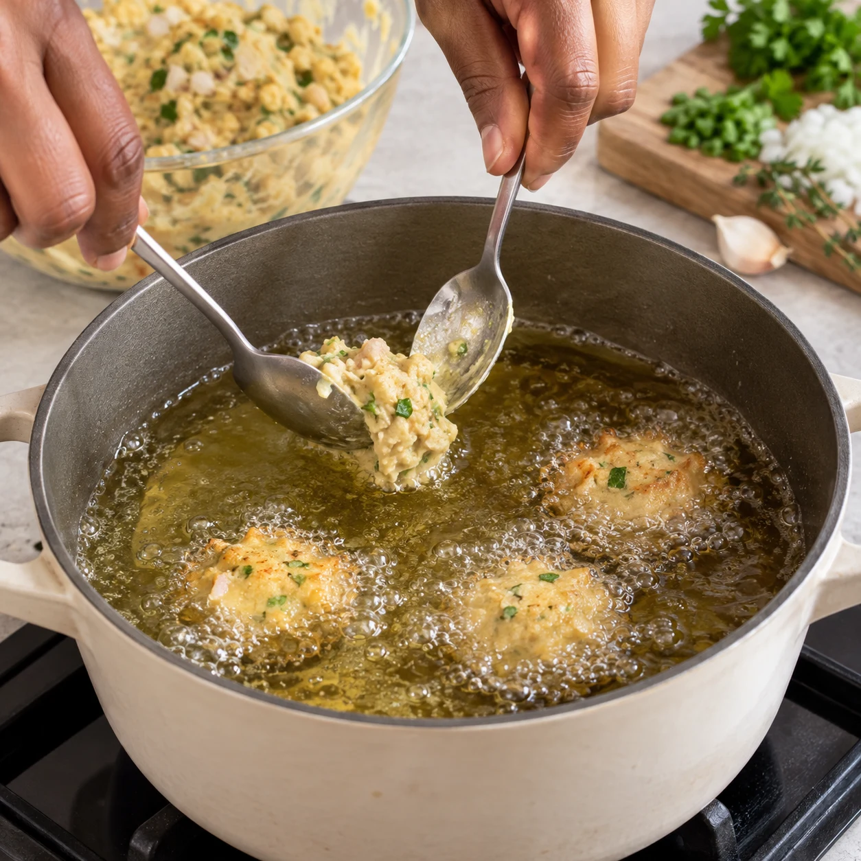 Deux petites cuillères déposent une petite portion de pâte aux pois chiches dans l’huile, mains loin des éclaboussures.