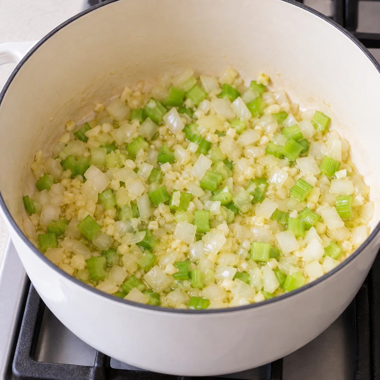 Dés de céleri ajoutés à l’oignon et à l’ail dans une cocotte sans viande.