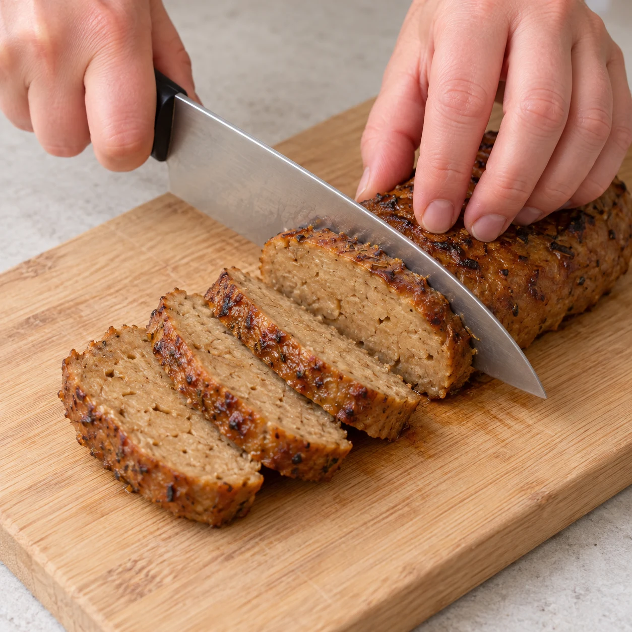 Posez le seitan cuit sur une planche stable et coupez-le en tranches, en gardant les doigts hors du trajet de la lame. Une seule phase, aucun autre ingrédient.