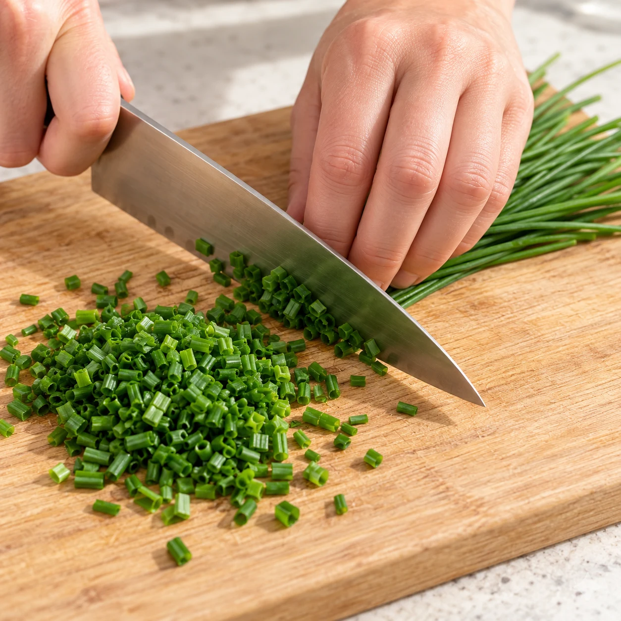 Ciselez les 8 g de ciboulette en petits tronçons sur la planche. Montrer uniquement la phase décrite et la variante végane aux pois chiches.