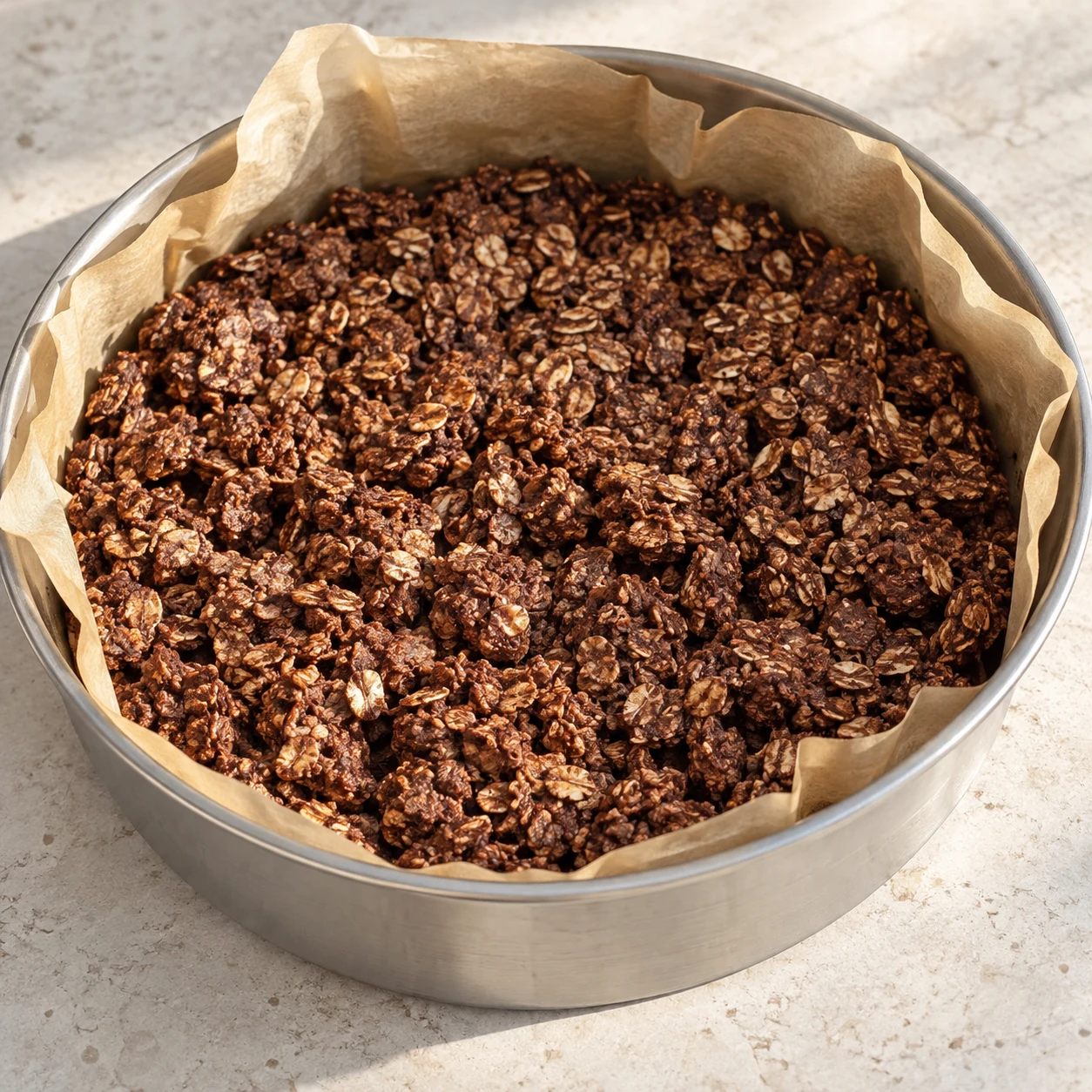 Muesli brun cuit en train de refroidir dans son moule chemisé sur une pierre pâle ; aucune main, aucun ingrédient de service.