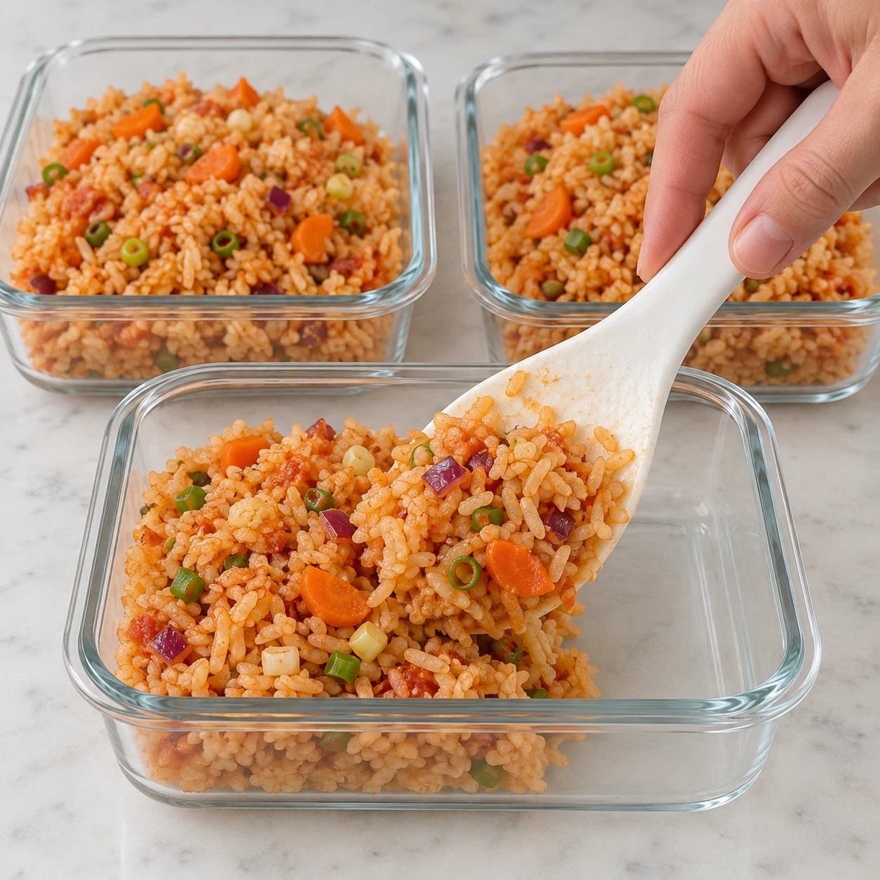Une cuillère dépose du riz cuit orangé avec carottes, oignon rouge et oignon nouveau dans un récipient en verre ; aucun tofu ni sauce à cette phase.