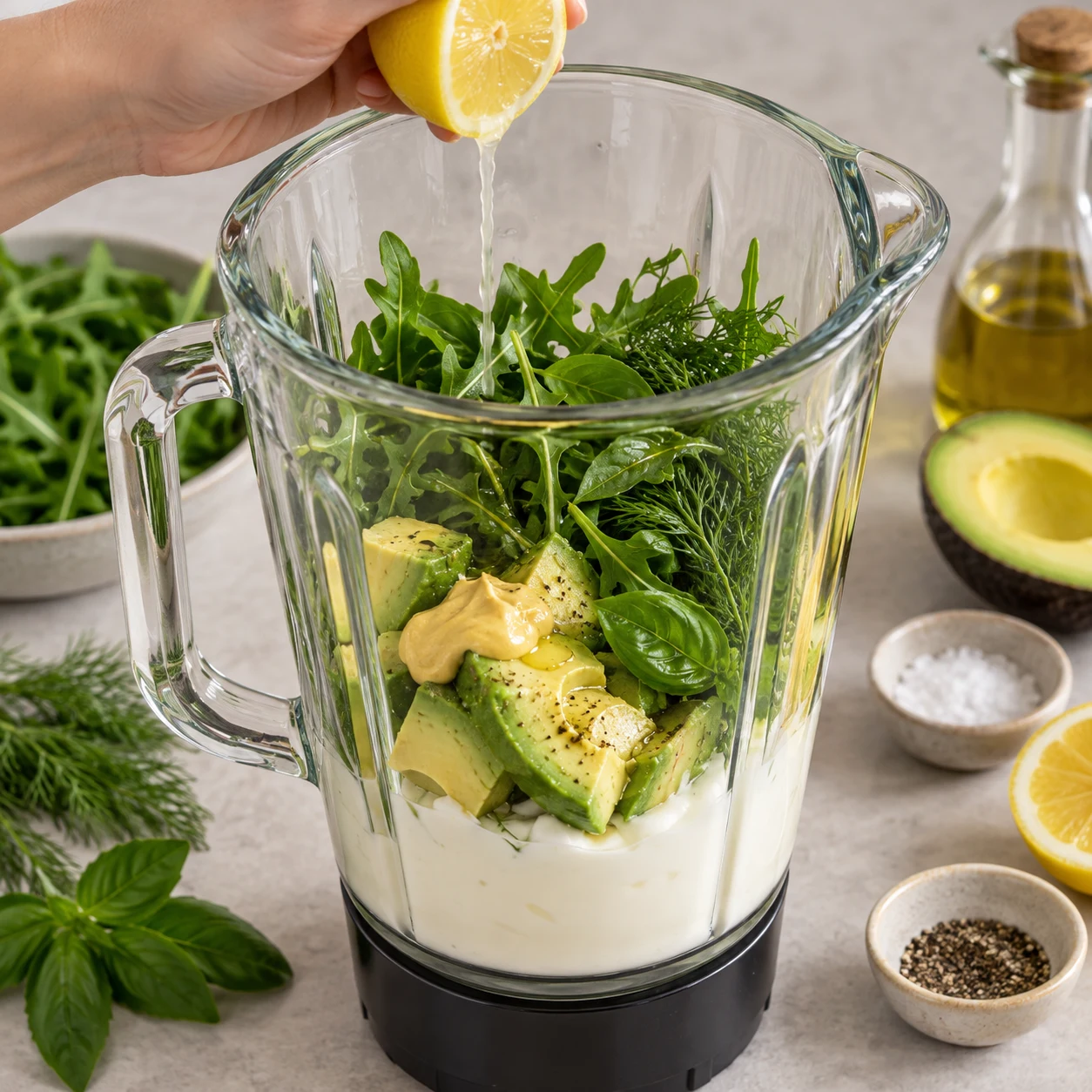 Blender ouvert rempli de yaourt soja blanc, avocat et herbes vertes ; jus de citron ajouté, aucun emballage laitier.