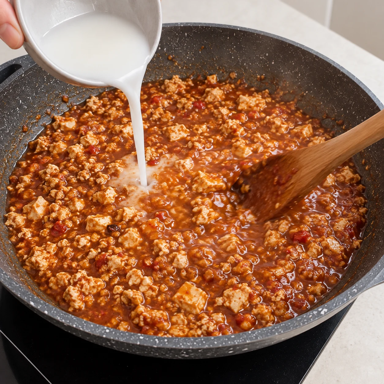 Verse la fécule délayée dans la poêle et remue jusqu’à ce que la sauce nappe les petits morceaux de tofu. Une seule phase, sans texte ni personne identifiable. Pour la variante, montrer du tofu émietté et jamais des granulés secs, du doubanjiang ou des baies de Sichuan.