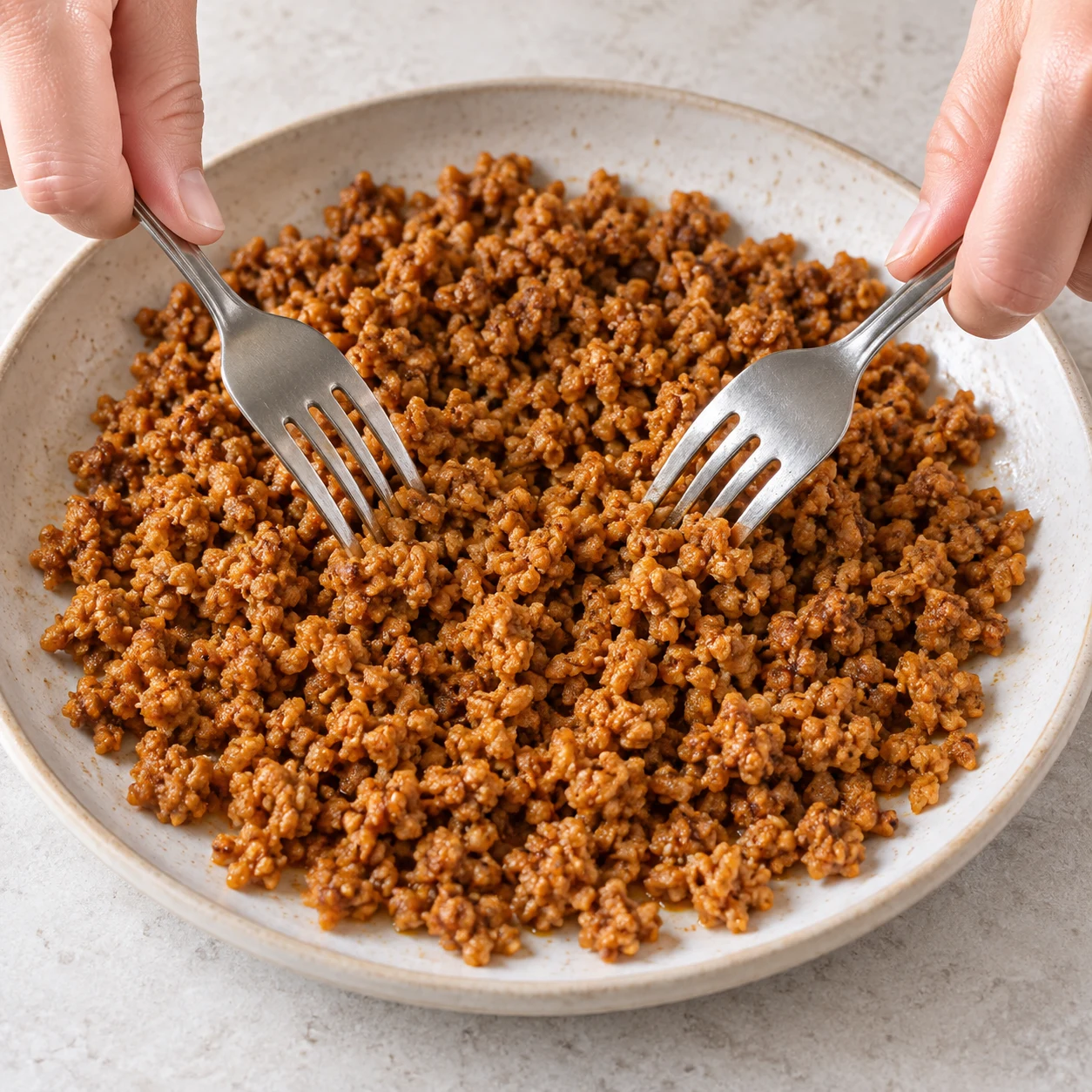 Une fourchette sépare le haché végétal de soja cuisiné en petits morceaux dans une assiette, sans viande ni tofu.