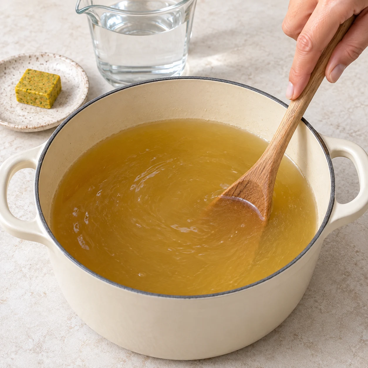 Photographie carrée de livre de recettes, une seule action : Préparer le bouillon végétal. Dissolvez 10,8 g de bouillon cube de légumes dans 600 ml d’eau bouillante : vous obtenez le volume de bouillon prévu par la source, avec une base végétale. État attendu : Le bouillon est homogène, sans fragment de cube. Montrer exclusivement Bouillon cube de légumes, Eau pour reconstituer le bouillon. Cocotte émaillée crème et plan de travail pierre pâle, lumière naturelle. Le bacon, le cheddar et les laitages de la capture source sont remplacés par les ingrédients végétaux documentés. Aucun texte, marque, bijoux, visage, corps ou identité de la personne.