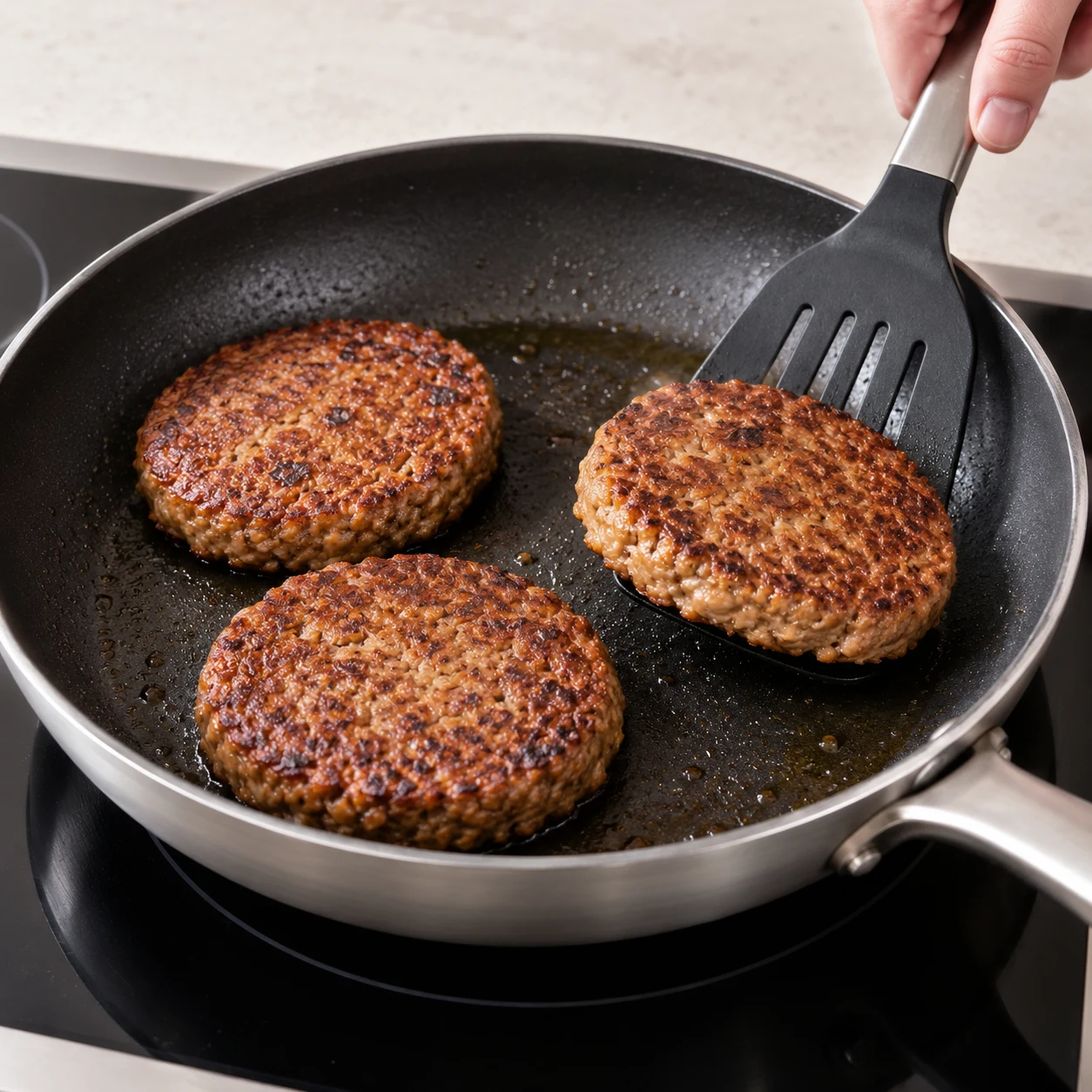 Steaks végétaux bruns entiers dans une poêle antiadhésive, retournés avec une spatule, sans sauce ni carottes.