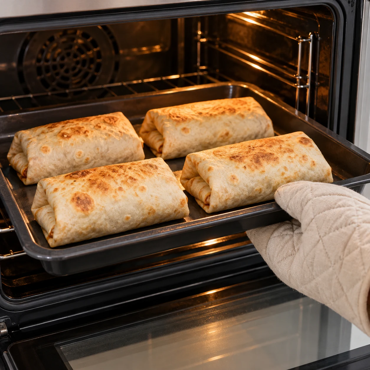 Réchauffe les burritos au four ou dans une friteuse à air pendant 3 à 4 minutes avant de les manger. La source ne précise pas de température. Montrer uniquement les ingrédients présents à ce stade, sur un plan de travail en pierre claire.