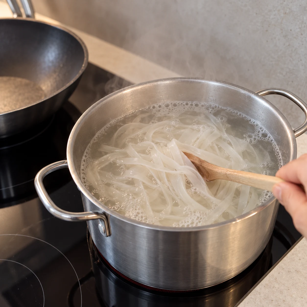 Nouilles de riz larges en cours de cuisson dans une casserole d’eau.