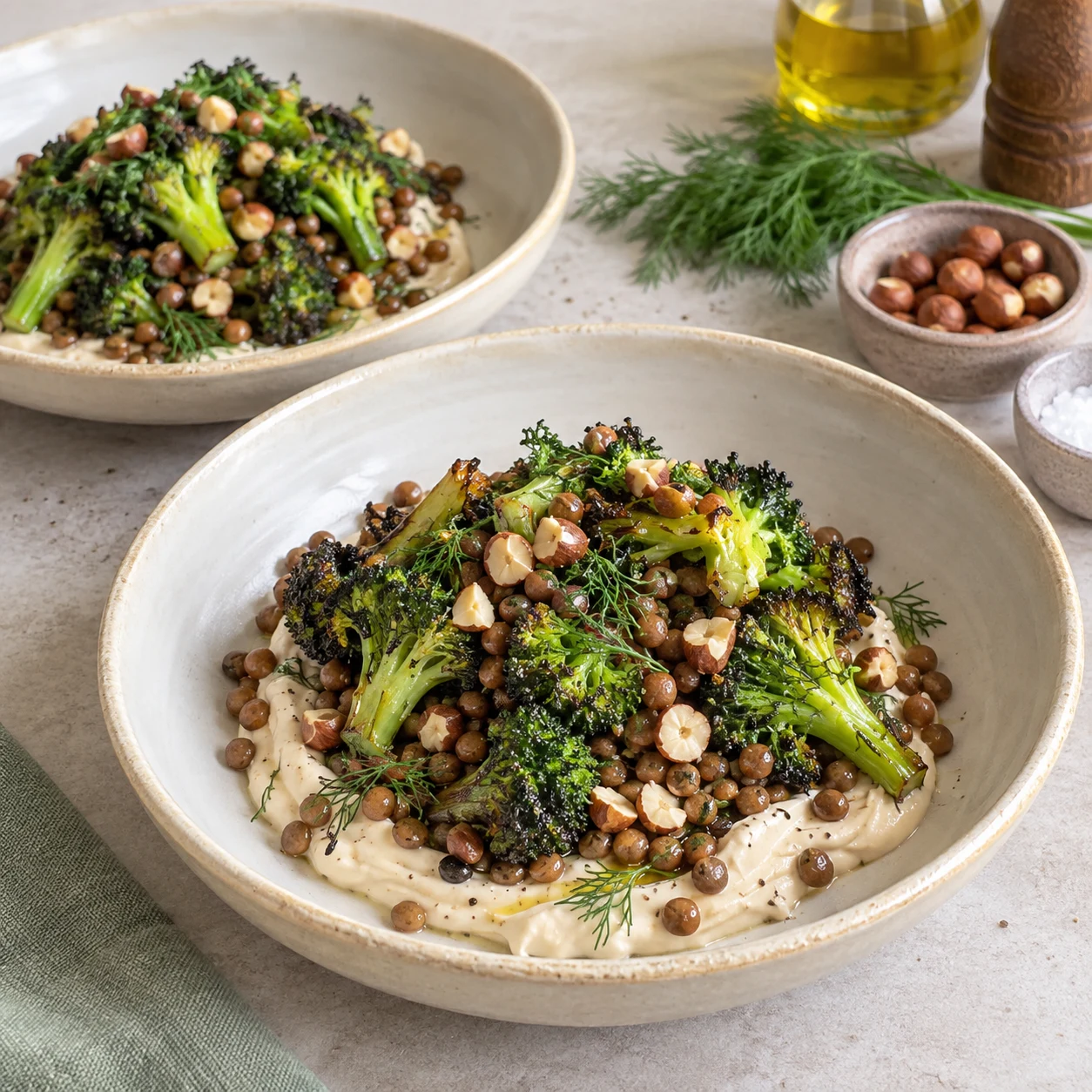 Assiette de brocoli rôti et lentilles aux noisettes sur une crème végétale, sans personne ni texte.