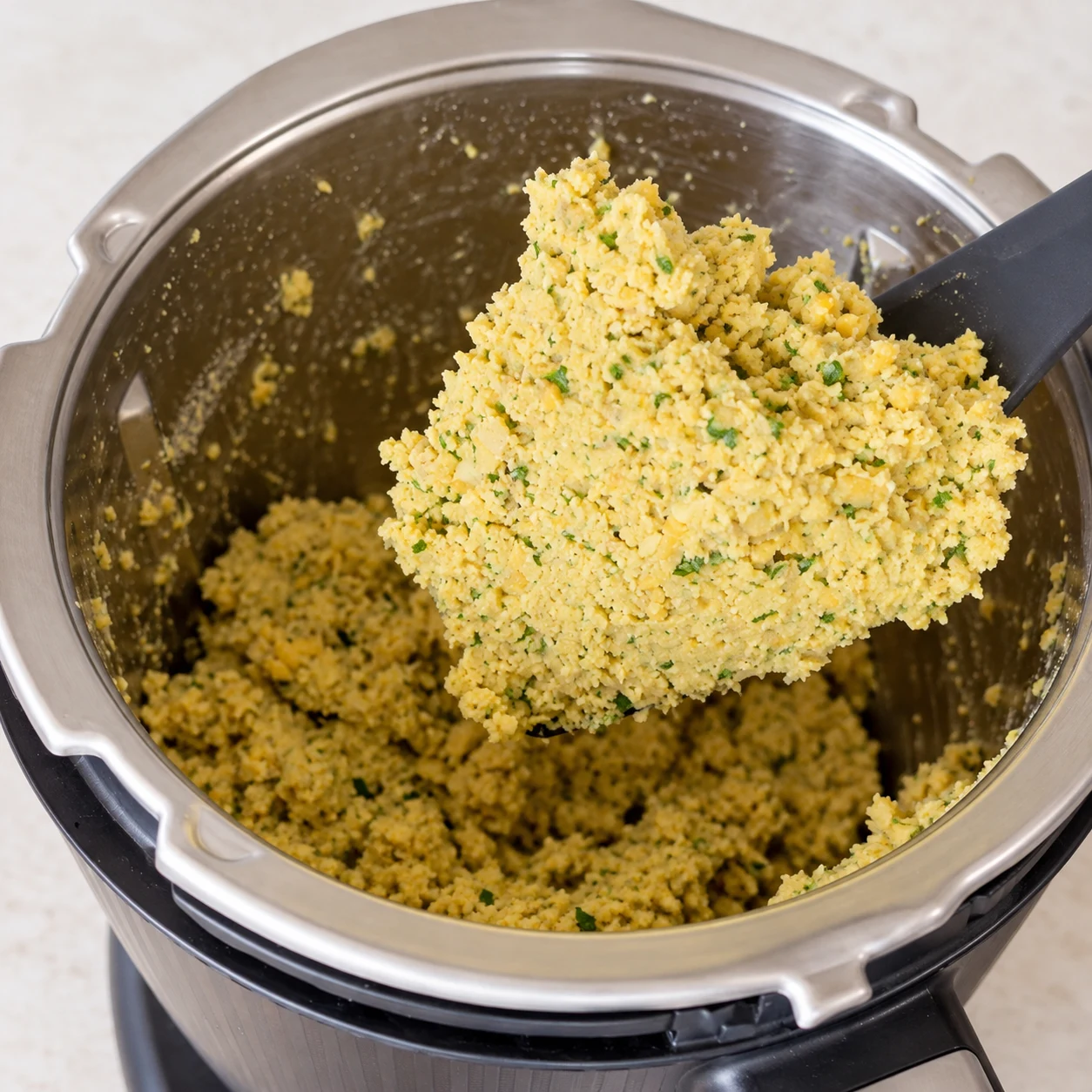 Spatule soulevant une pâte jaune pâle granuleuse ponctuée de petites herbes dans un bol de robot en acier.