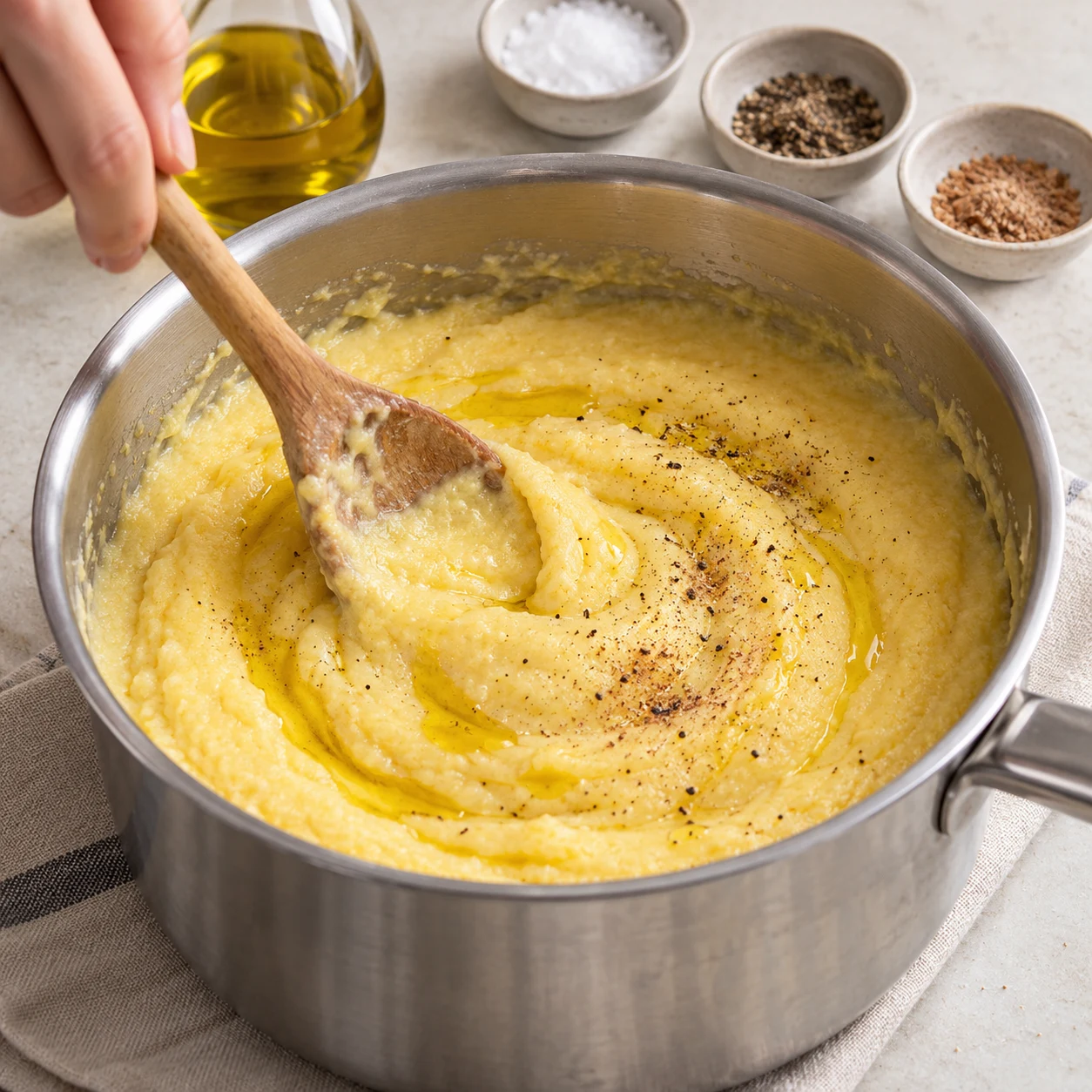 Cuillère incorporant un filet d’huile dans la polenta crémeuse sans cubes de beurre.