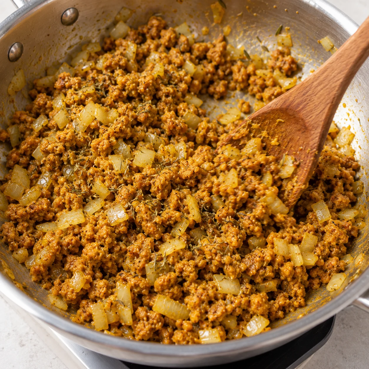 Ajoutez le curcuma, les 3 g de thym séché et un peu de sel, puis remuez pour enrober la farce.