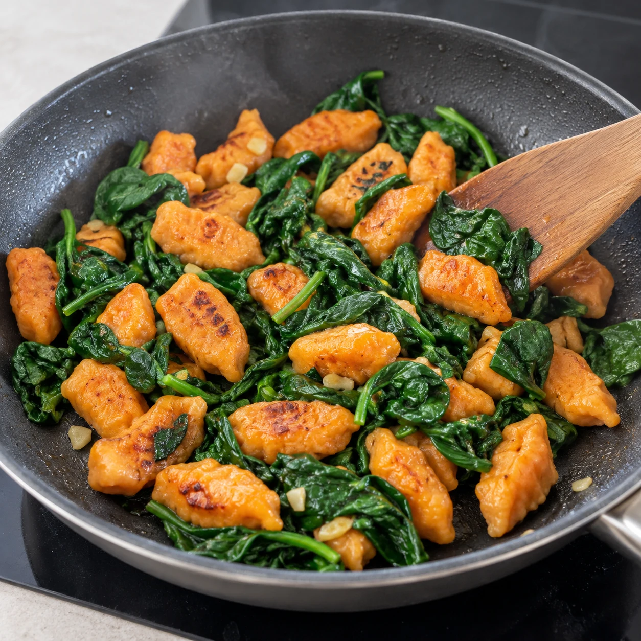 Pousses d’épinards flétrissant parmi les gnocchis orange dorés, sans crème.