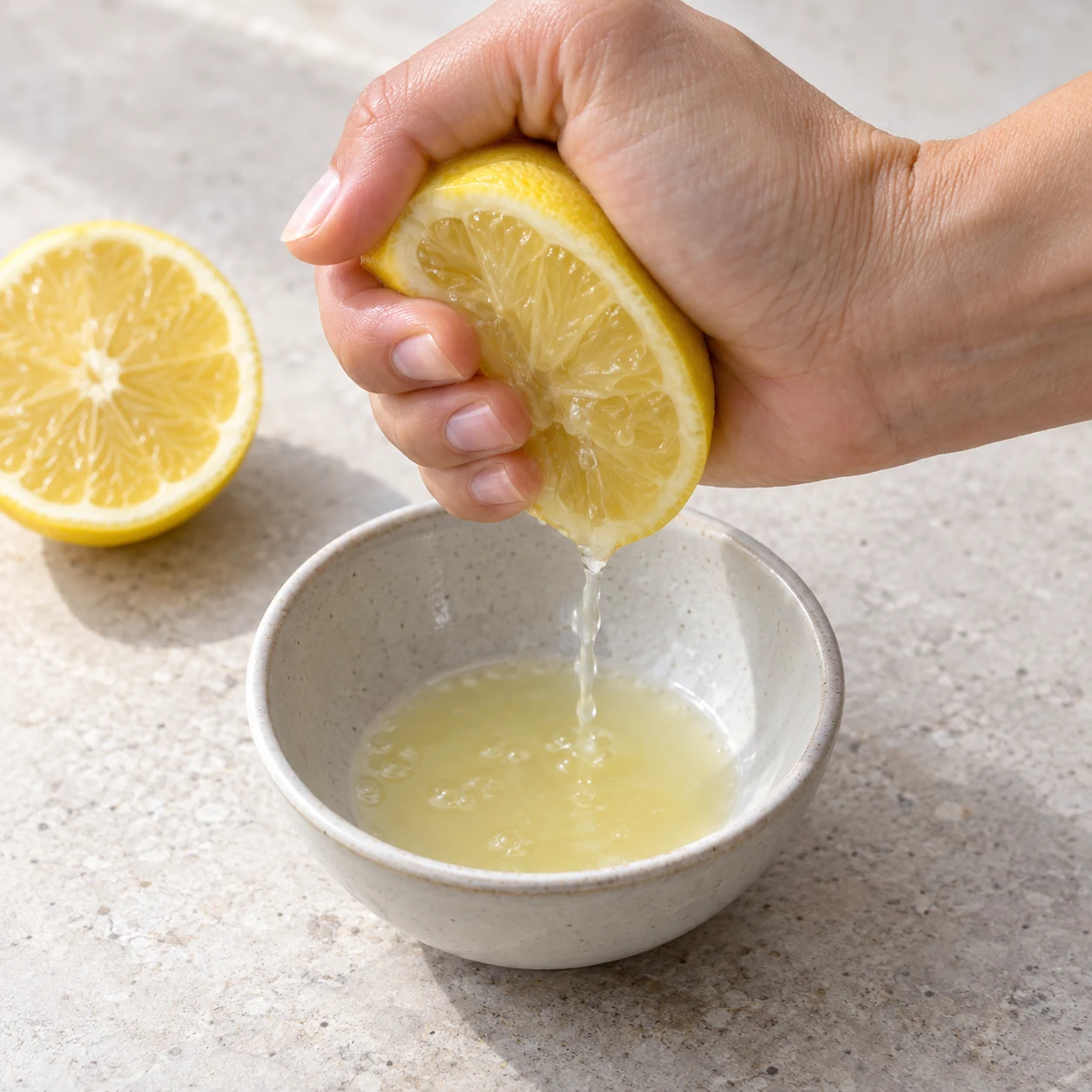 Une main adulte anonyme presse un demi-citron dans un petit bol ; aucun autre ingrédient. Geste issu de la recette d’origine, non filmé.