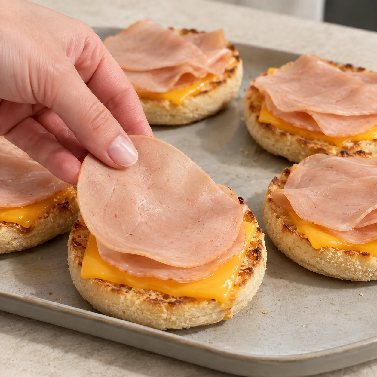 Répartir les 75 g de jambon végétal sur les cinq moitiés inférieures grillées, au-dessus des tranches végétales.