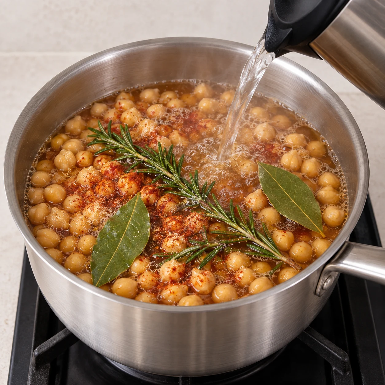 Casserole en inox remplie de pois chiches couverts d'un bouillon caramel, saupoudrés de paprika rouge, deux brins de romarin et deux feuilles de laurier posés dessus, eau bouillante versée depuis une bouilloire.