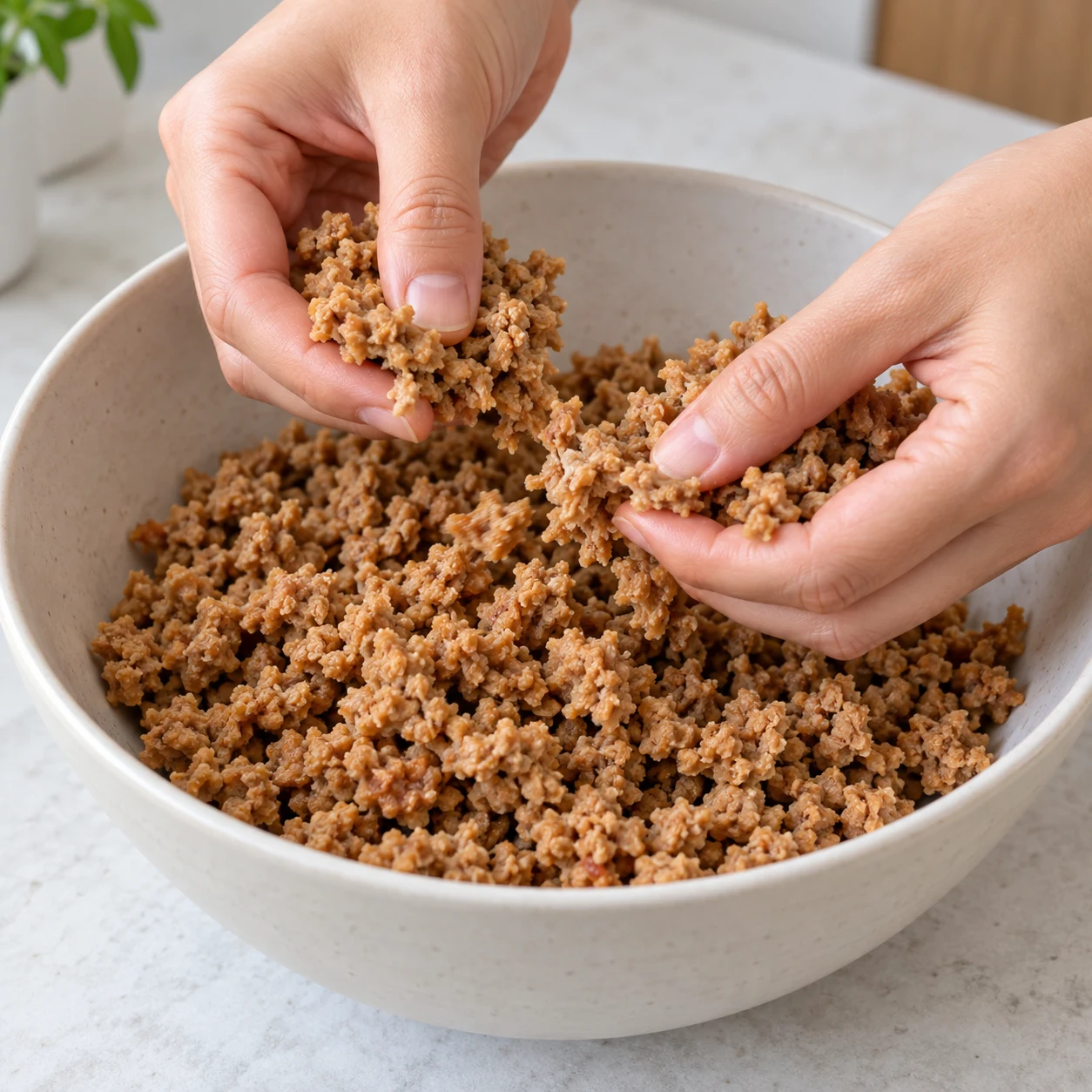 Ouvre le haché de soja cuisiné et sépare doucement les morceaux dans un saladier. Ne le réhydrate pas : il est déjà cuisiné. Résultat : Le haché reste en petits morceaux séparés, sans être écrasé en pâte.