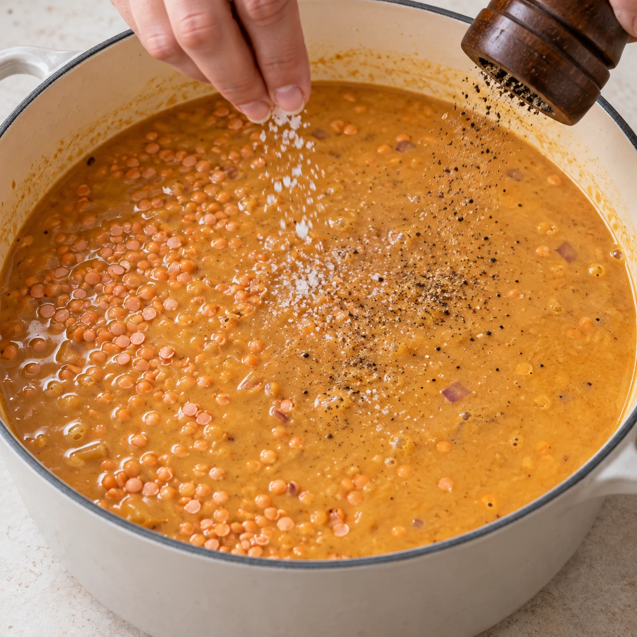 Main anonyme assaisonnant la sauce aux lentilles non cuites dans le fait-tout, aucune garniture.