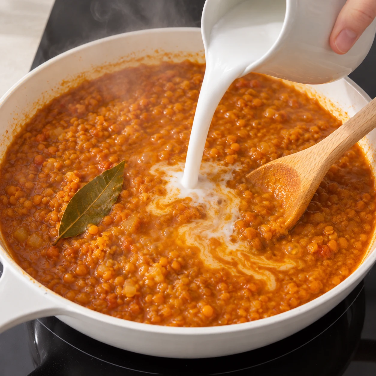 Lait de coco blanc versé en filet dans la poêle de dahl de lentilles corail épicé, cuillère en bois qui mélange, feuille de laurier visible.