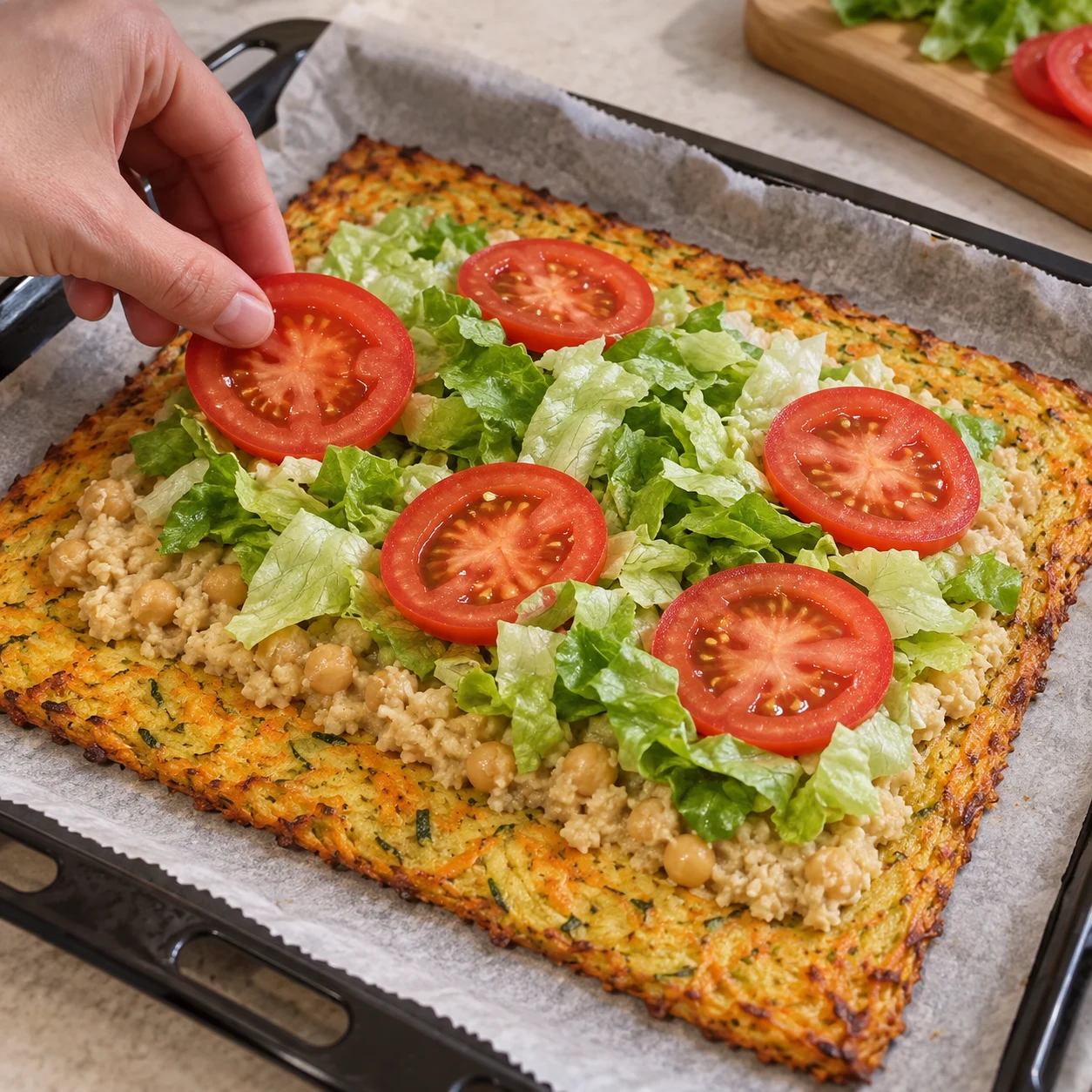 Une seule photographie carrée du geste « Ajouter la tomate »: Dispose les tranches de tomate sur la salade. État obtenu: Les tranches sont réparties sur la garniture et les bords restent libres.. Uniquement les ingrédients autorisés à cette étape; pas de visage, de texte ou d’ingrédient animal.