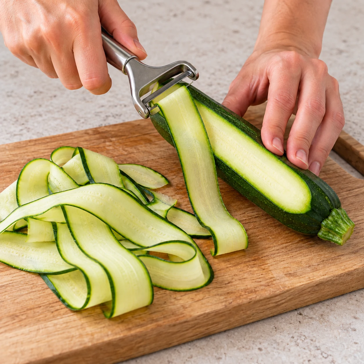 Photographie d’une seule action : Taille les 150 g de courgette en rubans fins avec l’économe, comme dans la recette d’origine. Résultat attendu : Les rubans de courgette sont fins et réguliers. Adaptation entièrement végane ; pois chiches entiers, aucun crustacé ni produit laitier.