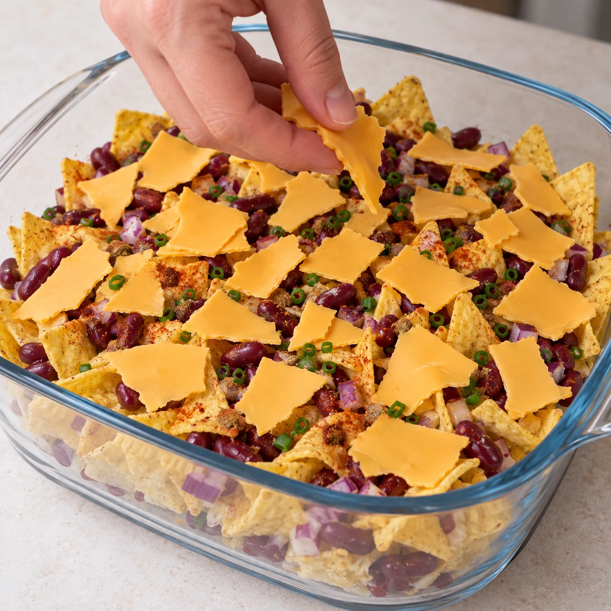 Une main parsème les morceaux de tranchettes végétales sur les nachos non cuits.