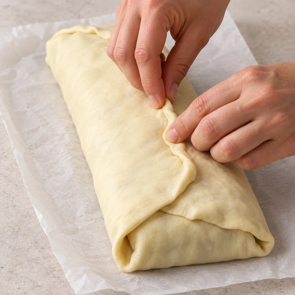 Mains anonymes scellant le long feuilleté cru sur papier cuisson.