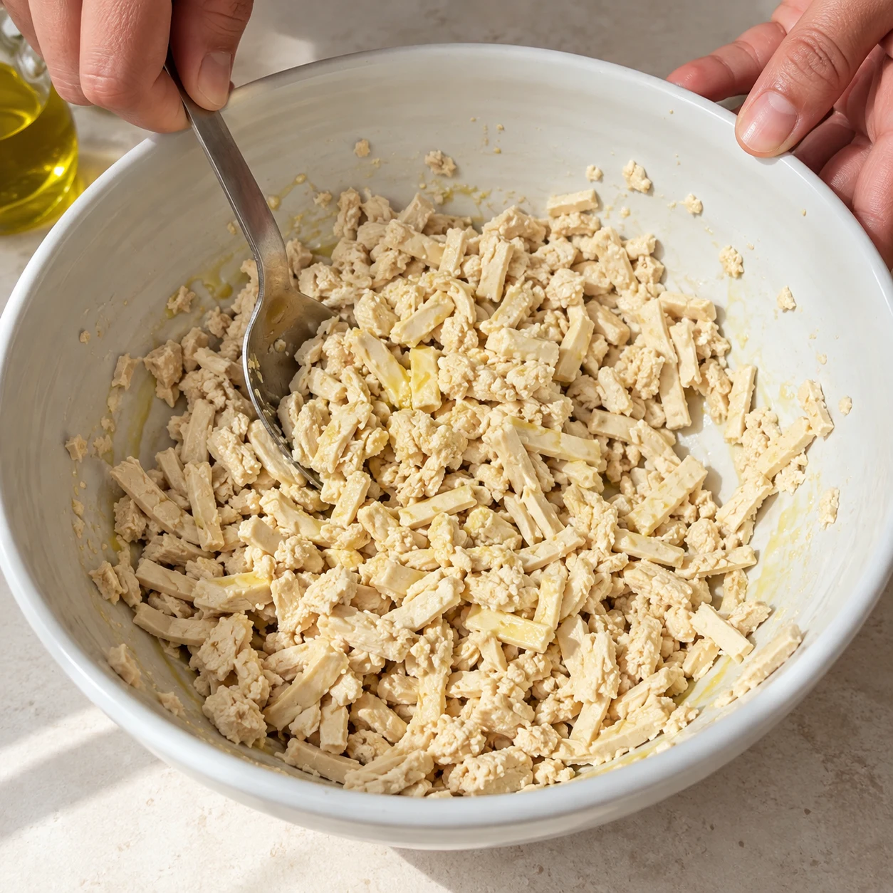 tofu nature râpé pâle en saladier, mélangé à la cuillère avec un filet d’huile.
