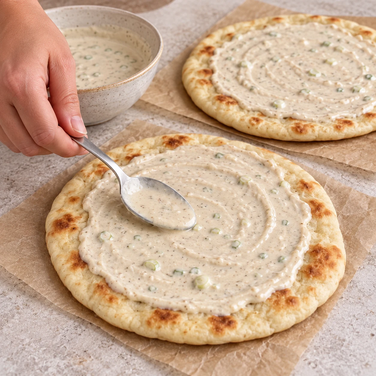 Étaler la sauce : La sauce forme une couche sur chacune des deux pitas.