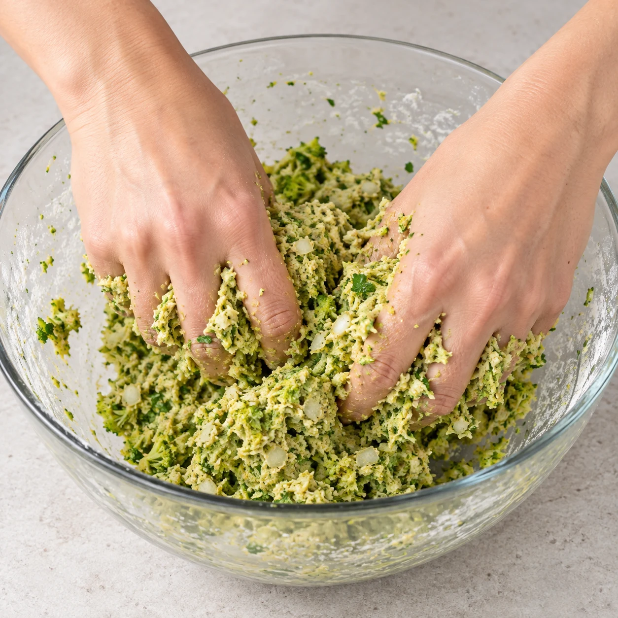 Mains anonymes mélangeant une pâte épaisse de brocoli en petits morceaux et farine.