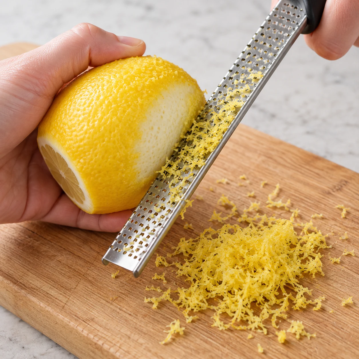 Demi-citron jaune et râpe fine, une main anonyme prélevant uniquement la peau jaune.