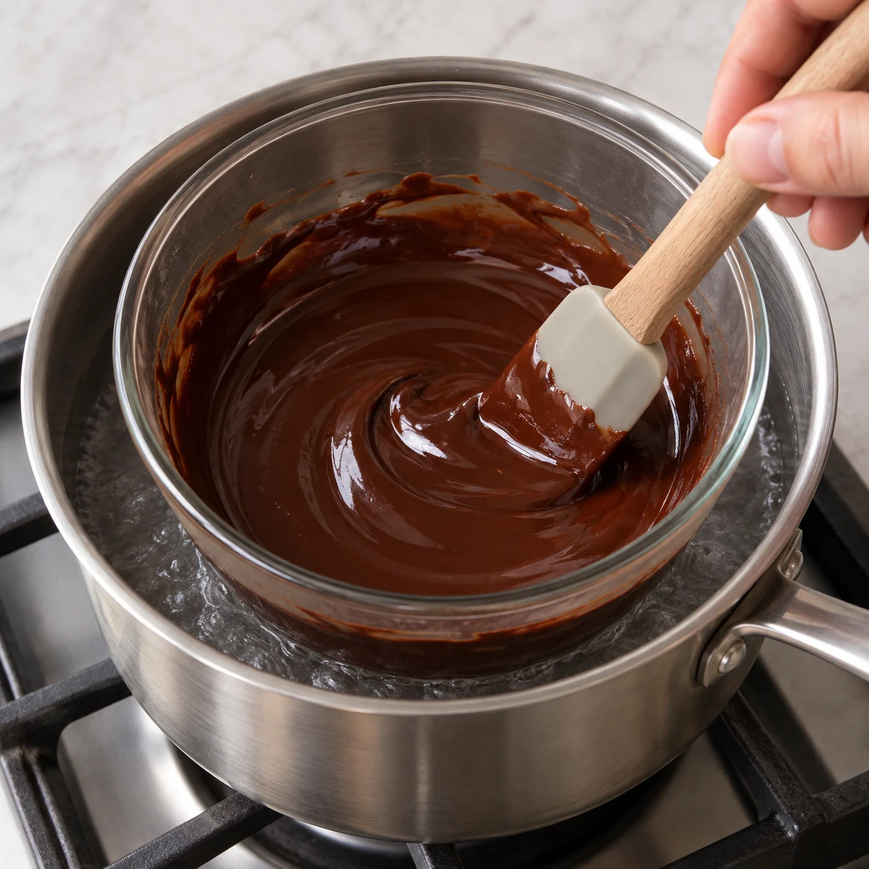 Chocolat noir, margarine végétale et tahini fondus dans un petit récipient. Chocolat noir à 70 %, couleur sombre ; adaptation documentée de la source.
