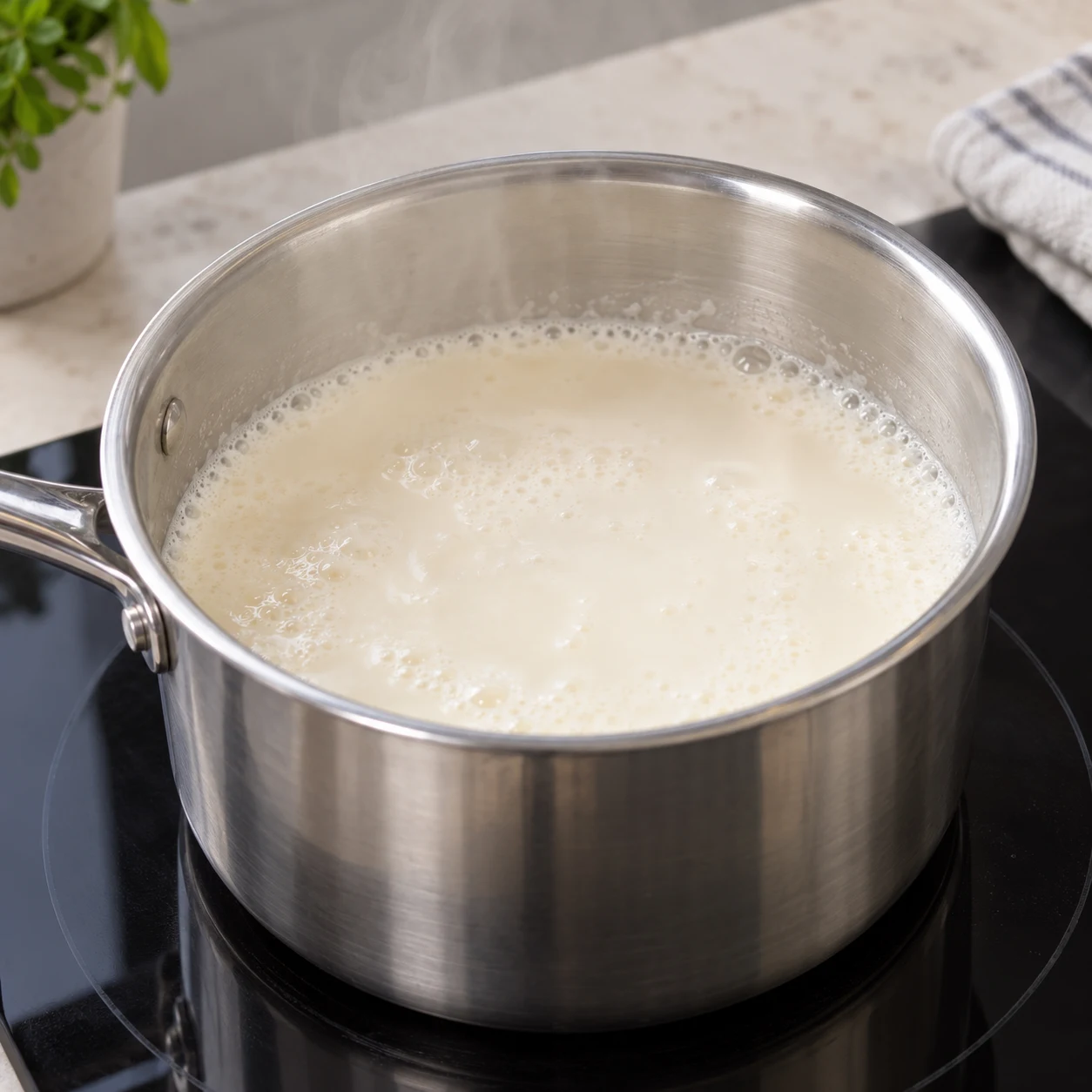 Casserole inox de boisson au soja blanche légèrement frémissante.